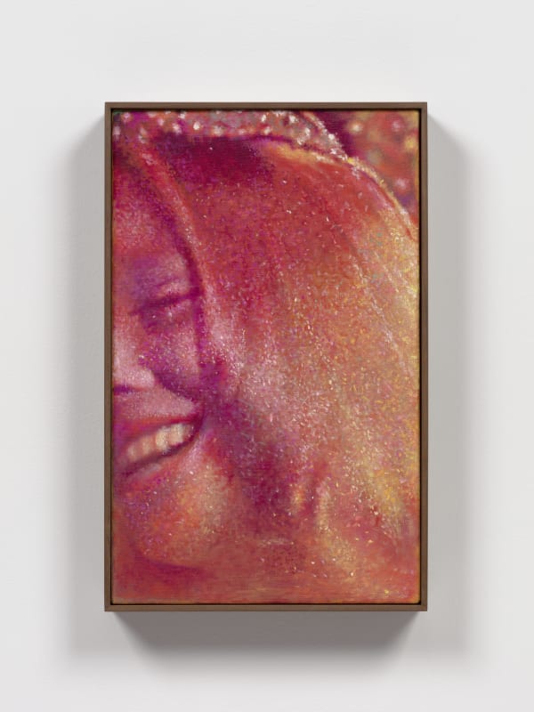 oil painting depicting a smiling woman, her face partially cut off, glittering in reds and oranges