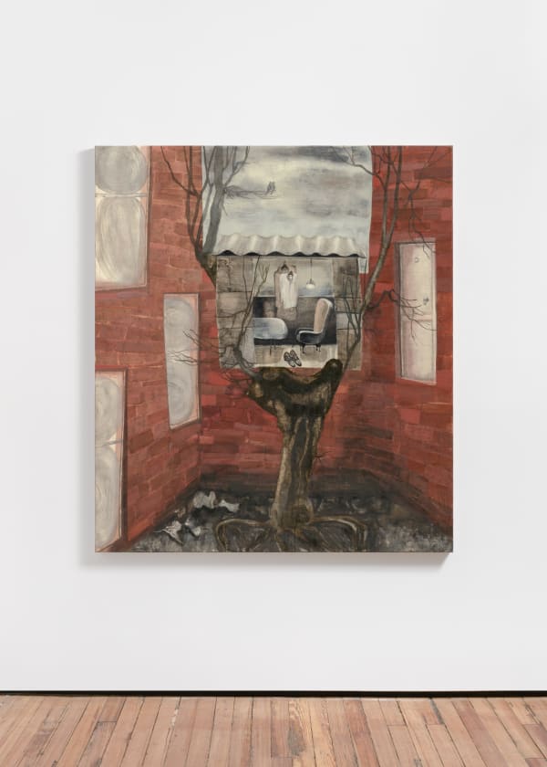 An oil on canvas of what appears to be a tree with a small treehouse standing in front of a tall brick wall