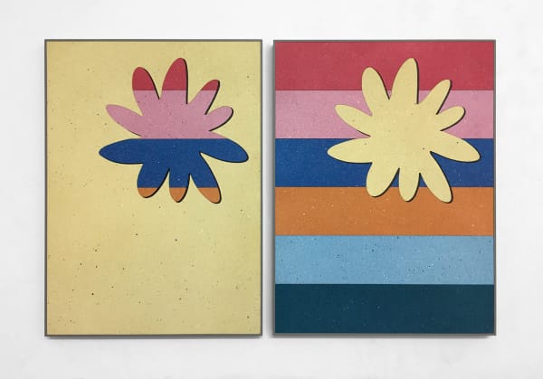 A mixed media print depicting two different images parallel to one another.