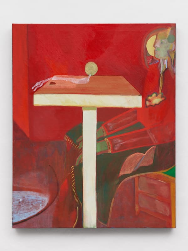 An oil painting of a figure seated at a red table in a red room.