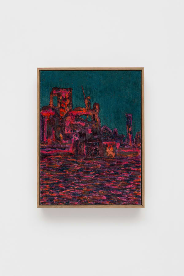 painted image of an abstracted scene of ruins colored deep turquoise and bright maroon