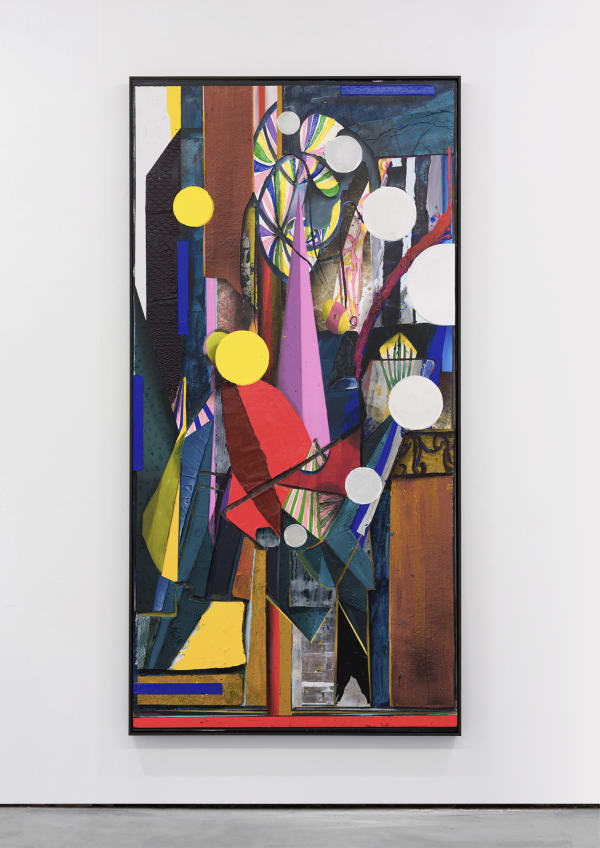 A mixed media painting of an abstract scene.