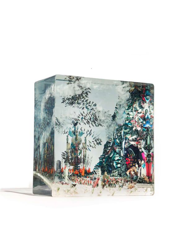 Dustin Yellin To Paul, Love Satan, 2016 Glass, collage, acrylic 39.4 x 38.1 x 18.4 cm 15 1/2 x 15 x 7 1/4 in