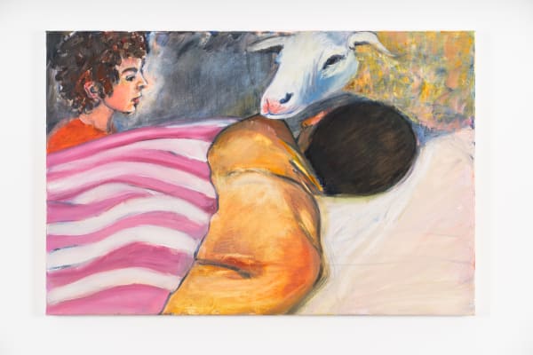 abstract image of a person laying down, covered by a pink and white striped blanket. next to the woman is the face of a sheep and a curly haired child.