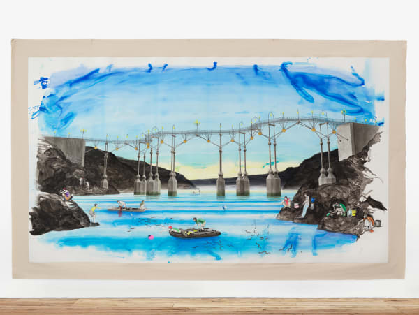 A sizable, colorful mixed media drawing of a landscape wit people eel fishing beneath the bridge mounted on canvas and hung on the wall.