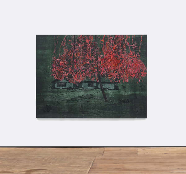 A mixed media image depicting a cabin and a tree with red foliage.