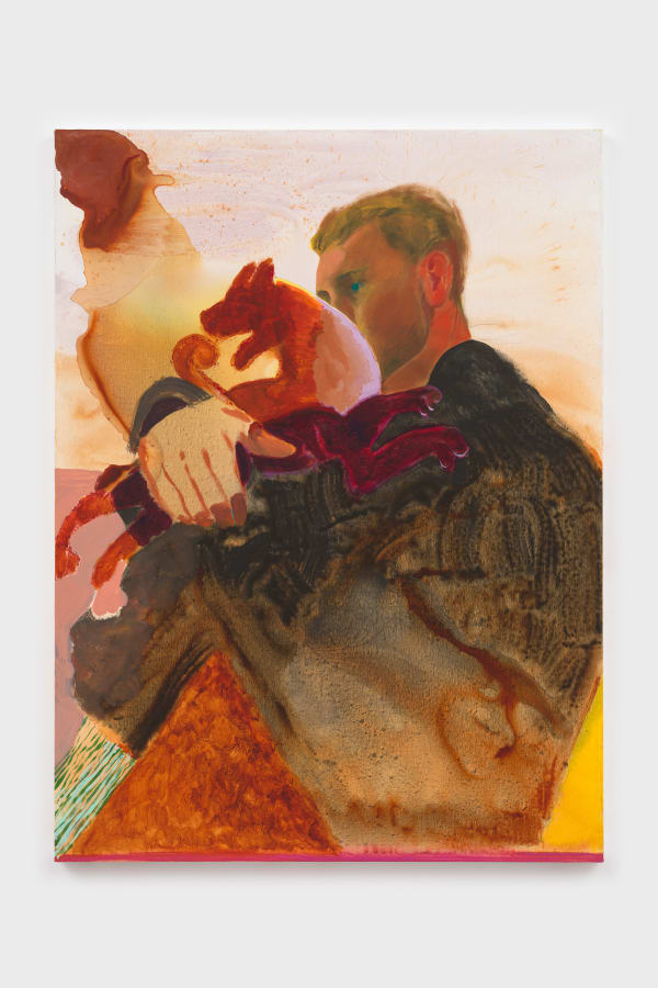 Anthony Cudahy Holding a lion, 2024 Acrylic and oil on canvas 121.9 x 91.4 x 3.2 cm | 48 x 36 x 1 1/4 in