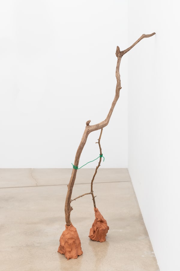 installation view of a clay, bronze, wood, and wire sculpture