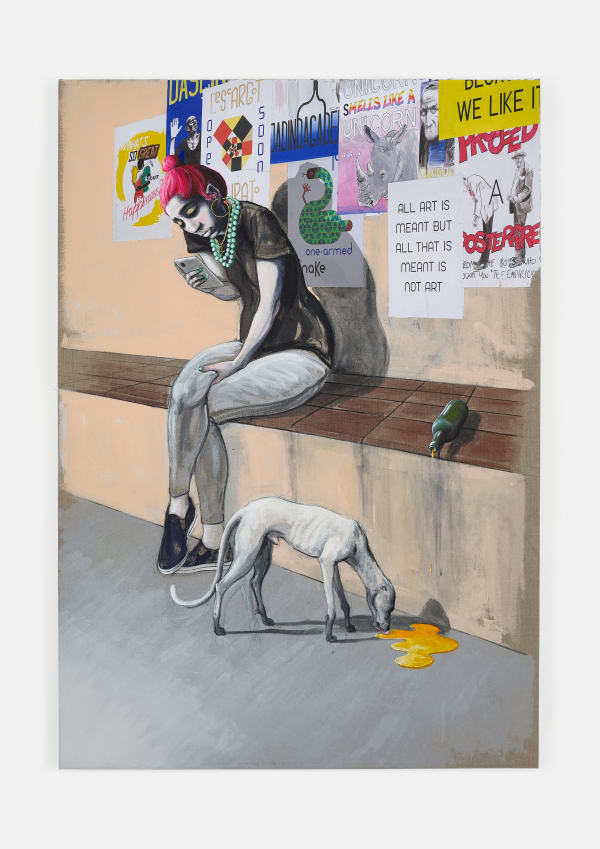 A mixed media drawing of a woman sitting on a bench with numerous posters on the wall behind her and a dog at her feet, hung on a white wall.