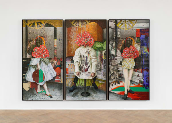 Tjebbe Beekman Symbiosis XIII, we come in peace, 2024 Acrylic, acrylic emulsions, sand and grit on canvas mounted to wood panel, triptych, framed 203 x 309 x 6.5 cm | 78 3/4 x 118 1/8 x 2 in (overall)