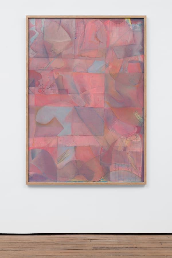 etching colored with pink and purple tones depicting geometric and organic shapes forming surrealistic figurations