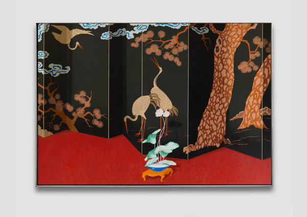 An acrylic on canvas depicting a plant sitting on a red floor before a large Chinese divider boasting an assortment of traditional illustrations of flora and fauna.