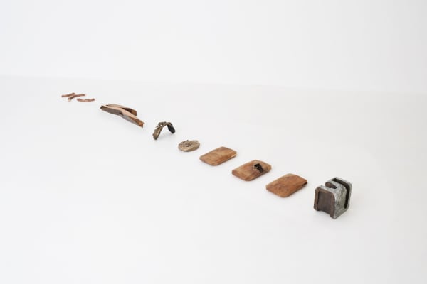 Lucy Skaer A Day with Breeze and Fog, Hare Springs from the Yew Woods Over Marsh’s Pool, Knocks the Bough, Caterpillars Fall Twisting to the Ground, 2018 Bronze, yew, copper, oil paint Approx: 25 x 95 x 240 cm | 9 7/8 x 37 3/8 x 94 1/2 in