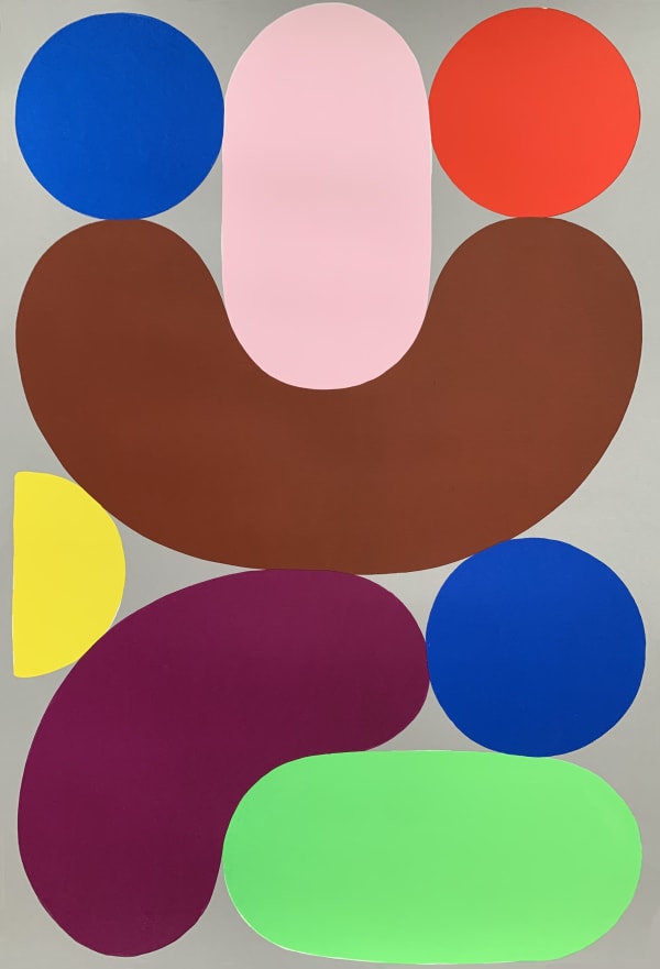 An abstract print of colorful shapes.