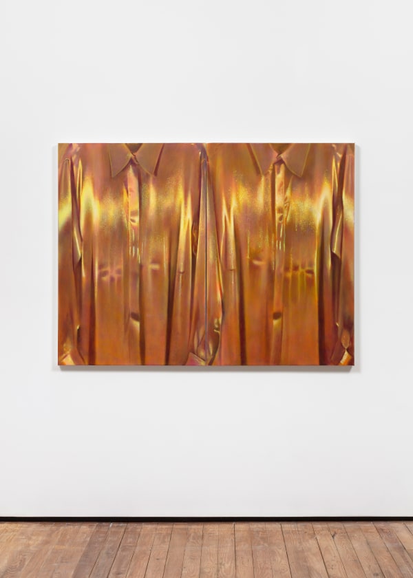 oil painting diptych depicting two shiny golden shirts