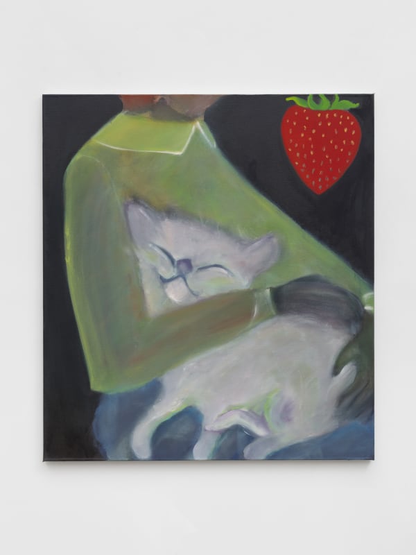 oil painting depicting the torso of a figure holding a happy cat. there is a large floating strawberry in the upper right corner