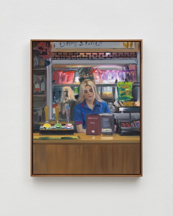 Caroline Walker The Boathouse Bar, 2024 Oil on board, framed 53.7 x 43.7 cm | 21 1/8 x 17 1/4 in