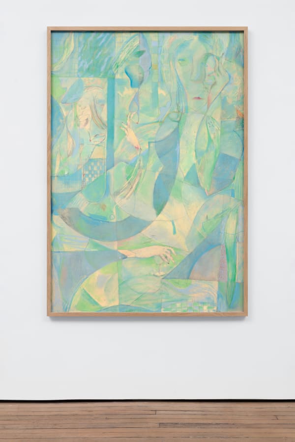 surrealistic soft green-blue etching of abstracted human figures and organic figures