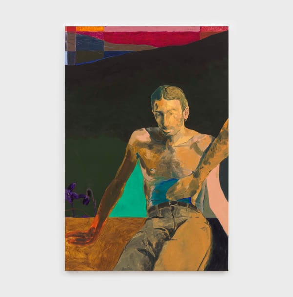 oil painting depicting a shirtless seated man. a disembodied arm is casting a blue shadow over his abdomen. behind the surface he sits on are violets. at the top of the canvas is a stretch of abstract color blocked patterning