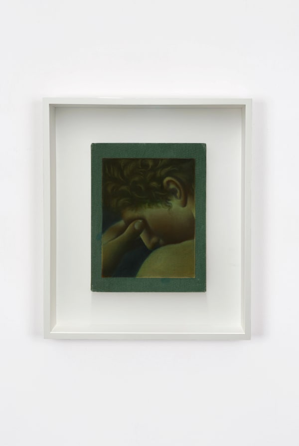 framed oil painting done on the cover of a book, painting depicting a man rubbing his eyes