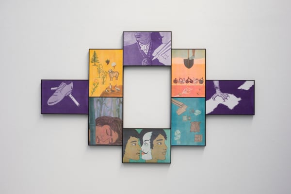 Claudia Martínez Garay Intrusos en sus tierras, 2024 Commissioned by Dundee Contemporary Arts Eight Risographs on 140gsm Fedrigoni Arena Natural paper, wood 113 x 183.5 cm | 44 1/2 x 72 1/4 in Edition of 3 plus 1 artist's proof