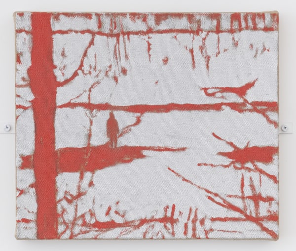 An etching of a figure standing in a forested area.