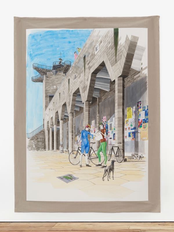 A large mixed media drawing of two cyclists beneath the porticos of the City Wall, mounted on linen and hung on the gallery wall.