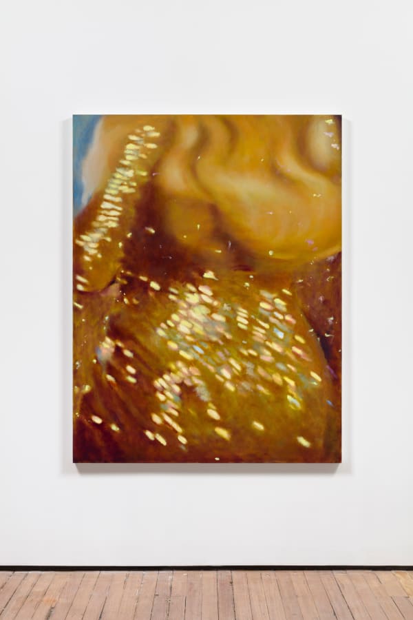 oil painting depicting a torso wearing a gold sequined dress, blurred by movement.