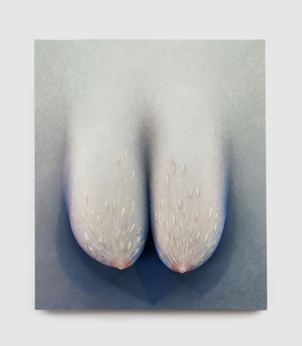 sculptural painting of two breasts, foliage grows upwards from the nipples.