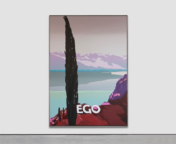 An acrylic on canvas of a landscape featuring mountains, water, and trees with subversive text that reads "EGO"