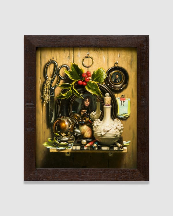 Stephen Appleby-Barr Chloe Wise in Mirror with Self-Reflection, 2025 Oil on copper, walnut frame with pyrography 34.8 x 30 cm | 13 3/4 x 11 3/4 in