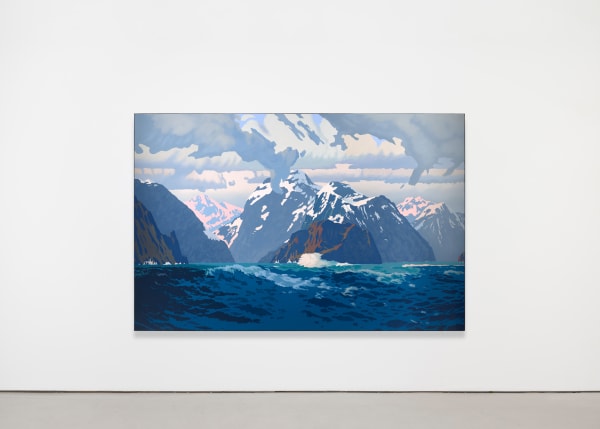 painted image on canvas of a seascape with a tall mountainous background. gray clouds cover the sky above the scene.