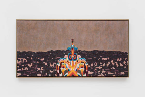 oil painting depicting a brightly colored psychedelic figure against a dark, rocky background and brown sky