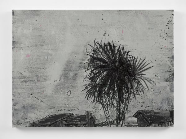 Michael Raedecker we were never any better than we are and we will never be any better than we were, 2024 Laser printer pigment transfer, dispersion, acrylic, mirror glass and thread on canvas 60 x 82.3 cm | 23 5/8 x 32 3/8 in