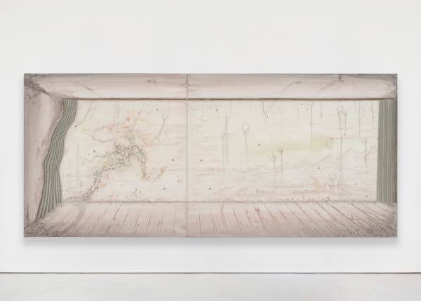 Michael Raedecker to cut a long story short, 2001 Acrylic and thread on canvas, two parts 198 x 452 cm | 78 x 178 in each: 198 x 198 cm and 198 x 254 cm