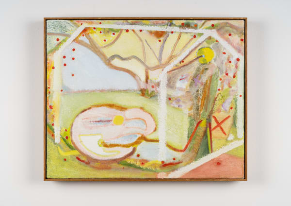 oil painting depicting an abstracted landscape and white house frame