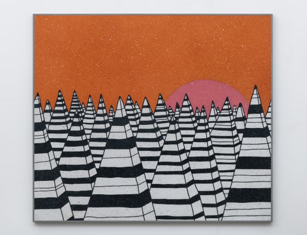 A mixed media piece depicting pointed black and white mountains underneath an orange sunset sky.