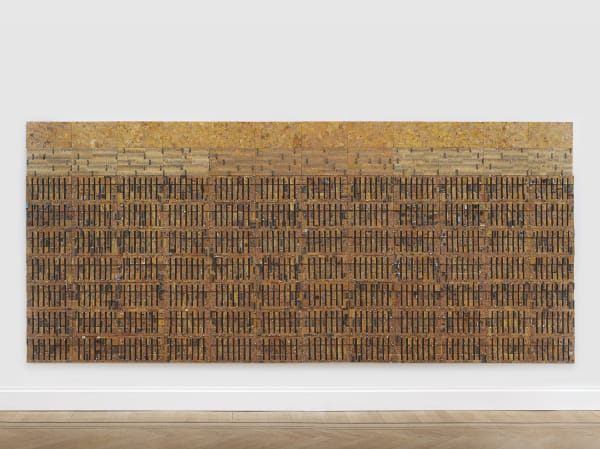 a large mixed media work using reclaimed electrical wires and components on panel, characterized by a rows of black lines