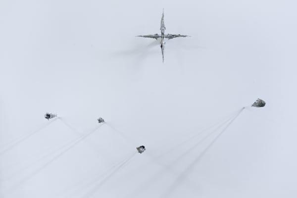 An image of aluminum fish fossils and fragments shaped into a star hanging from a white wall.