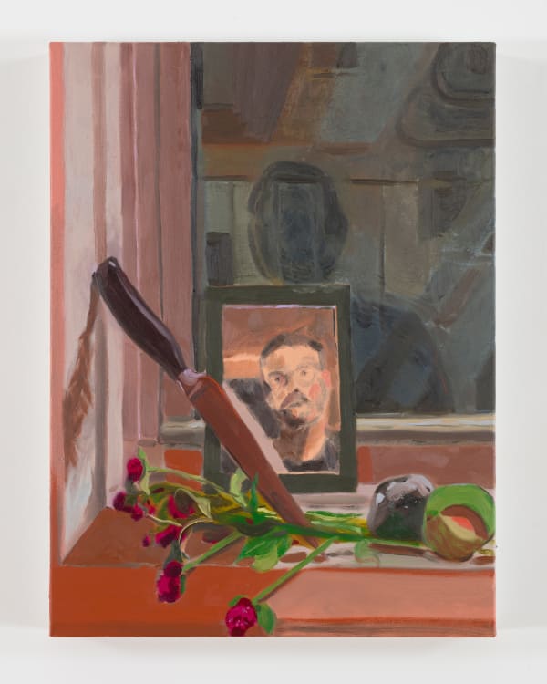 painted image of a man in a mirror leaning against a window, next to a knife, flowers, fruit, and a rock