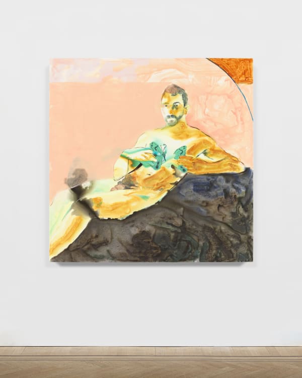 abstract painting of a man on a rock-like base holding a turquoise butterfly that has been roughly split in half
