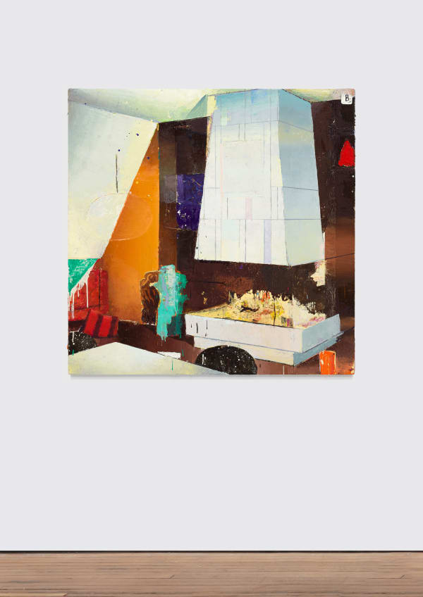 oil painting depicting an interior with a large fireplace