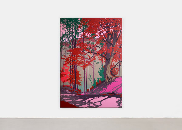 painted image on canvas depicting a brightly colored forest, with hues of red, green, and pink