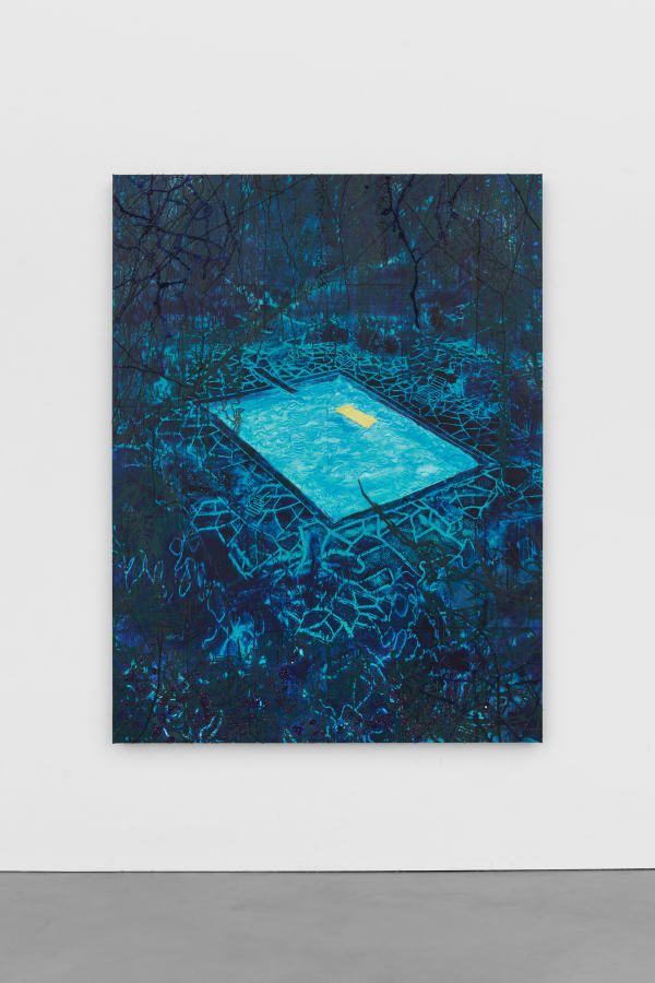 A mixed media image depicting a glimmering, blue pool sitting in the middle of a dark and shadowy forest; in the pool floats a yellow pool float.
