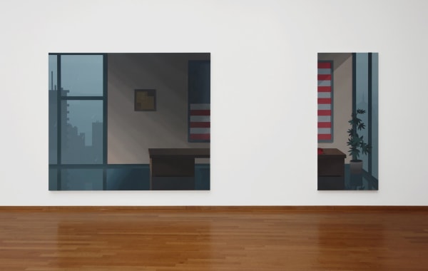 An acrylic on canvas depicting an office scene with an American flag hanging on the wall.
