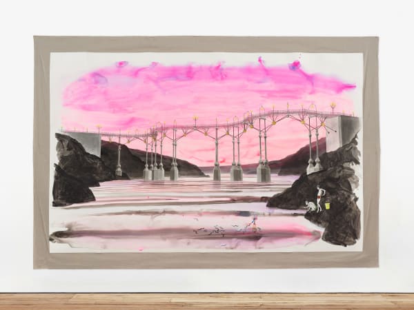A big, mixed media drawing of boys fishing beneath a bridge with pink sky, mounted on linen and hung on the gallery wall.