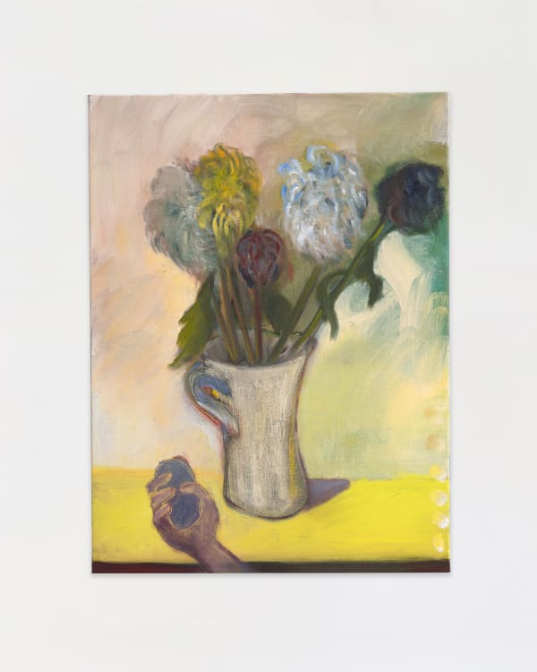 Rosalind Nashashibi Vase with Flowers, Hand with Stone, 2025 Oil on linen 60 x 45 cm | 23 5/8 x 17 3/4 in
