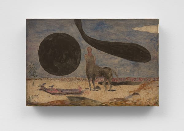 image depicting a centaur standing in an abstracted landscape next to a humanoid figure that is laying on the ground, arms crossed