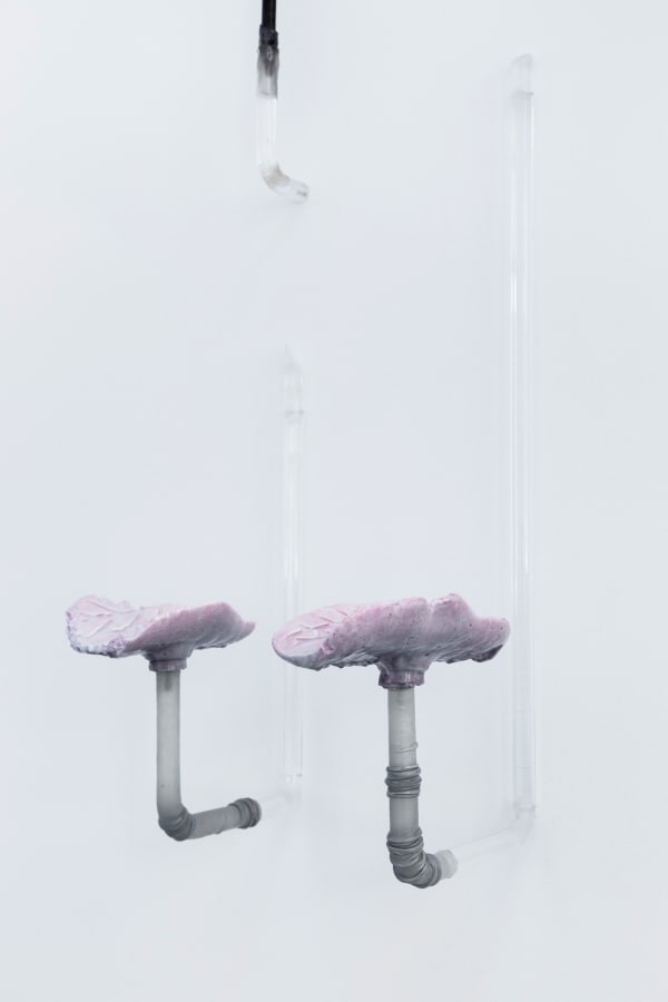 An image of two identical bicycle seat shaped objects made of sea salt, iron sulfide, and silicone against a white wall.