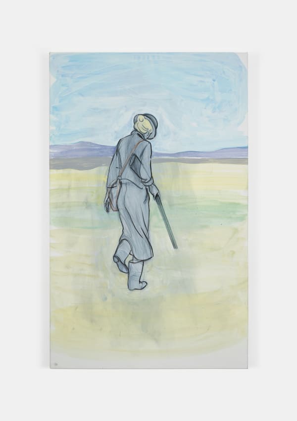 Acrylic on gesso piece depicting a lone figure with a gun walking through an open field.
